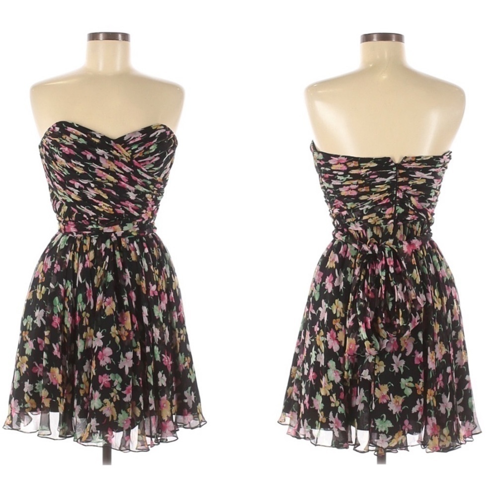 Jill STUART floral silk cocktail dress. Strapless.